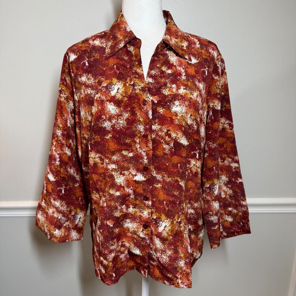 Cabin Creek Womens XL Rust Orange Abstract Splatter 3/4 Sleeve Button Down Shirt